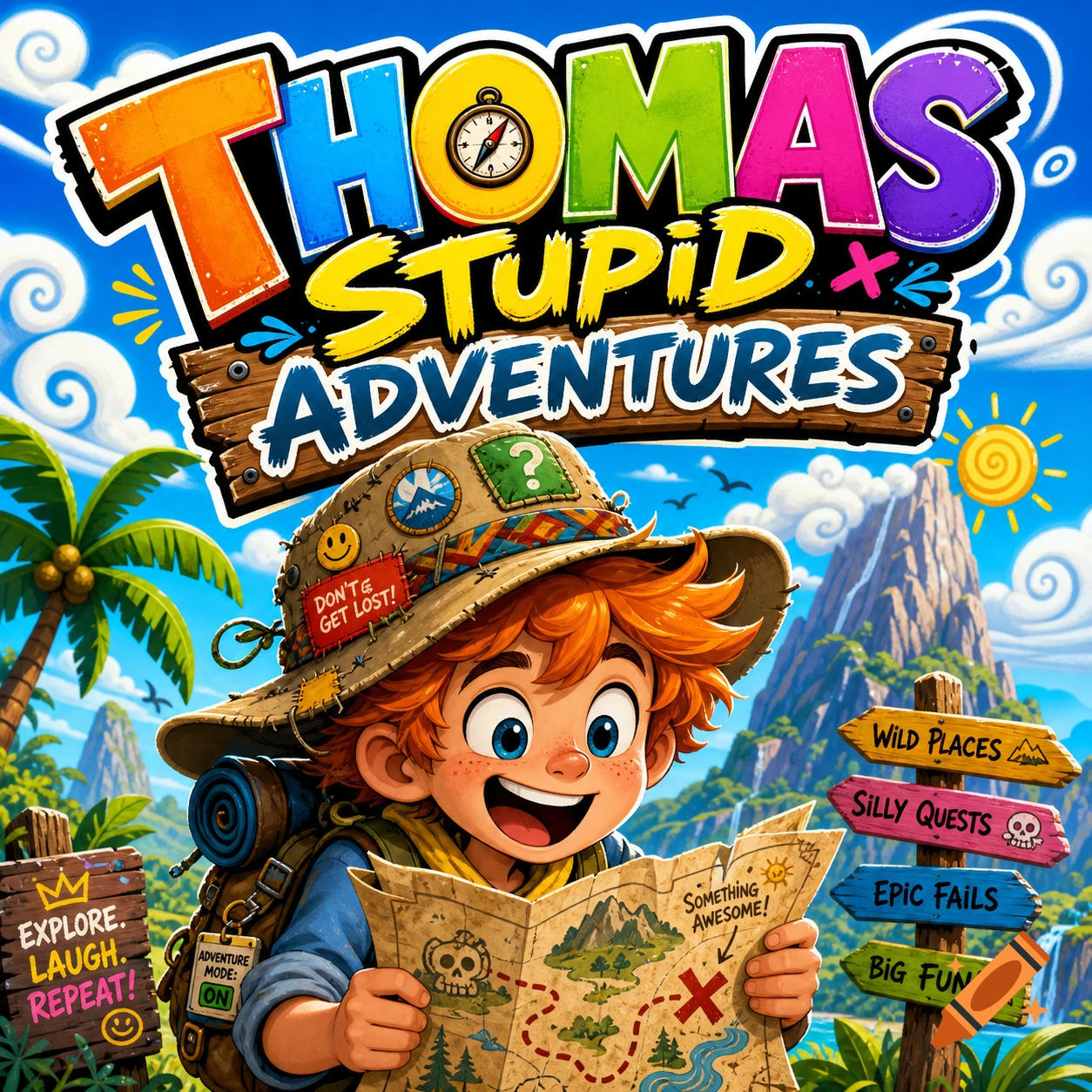 Colorful cartoon logo for "Thomas Stupid Adventures" featuring a happy boy explorer with a map in a lush jungle setting with mountains and palm trees.