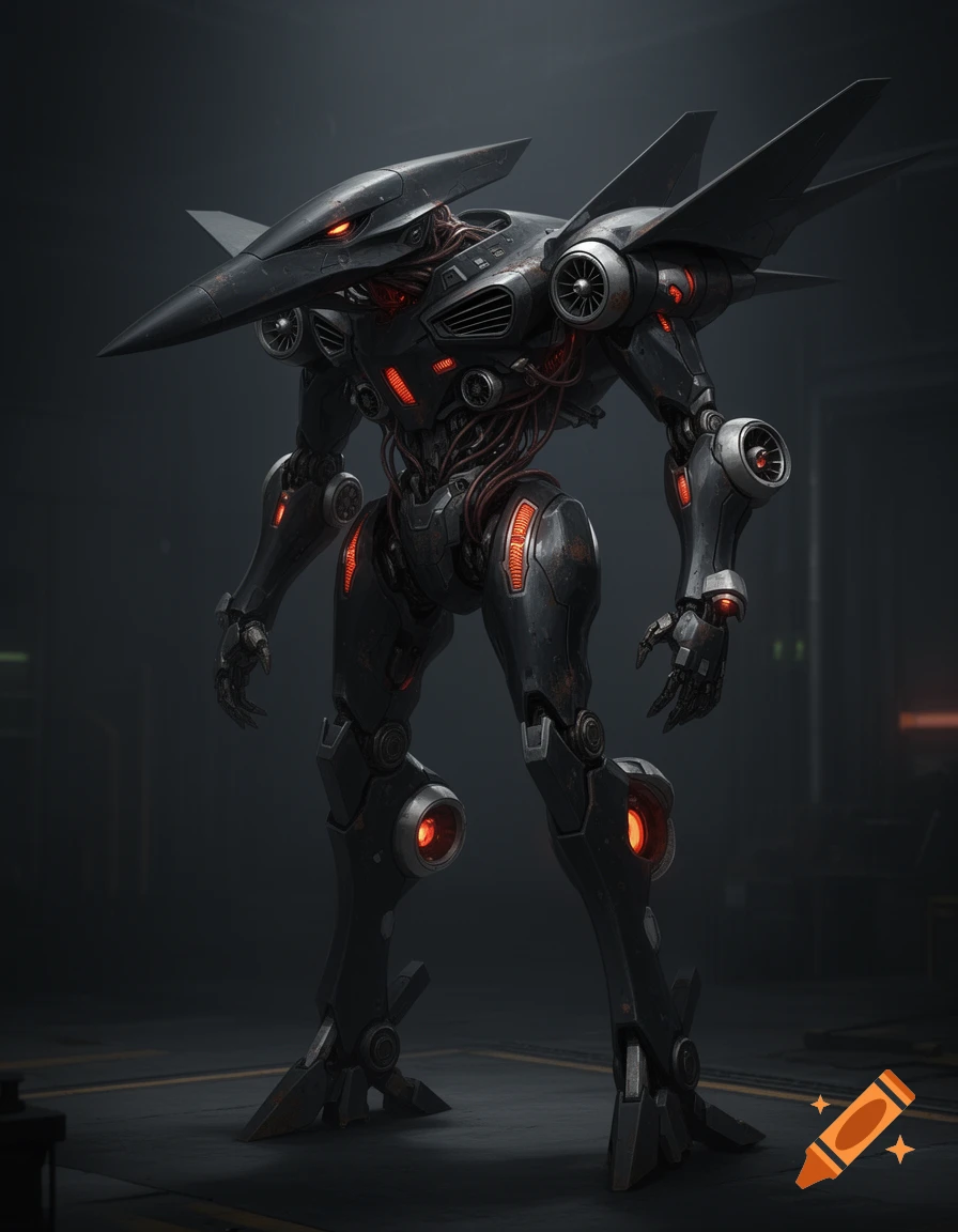 A sleek, dark gray mechanical war machine with red glowing accents, resembling a jet aircraft, stands in a dark industrial setting.