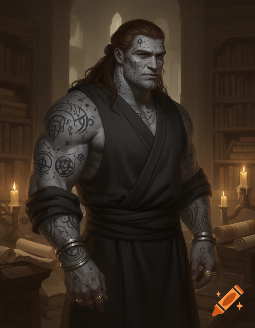 Digital painting of a goliath scholar with grey, patterned skin and tribal tattoos, wearing dark robes in a candlelit library.