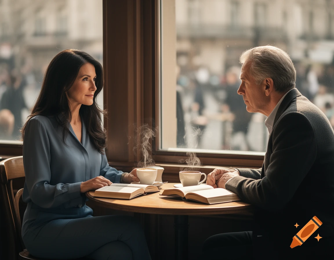 A man and a woman sit at a cafe table, drinking coffee and reading books by a window.