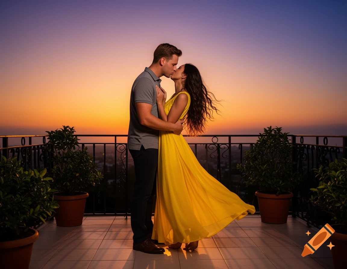 A man and a woman kiss passionately on a balcony against a vibrant sunset. The woman wears a yellow dress, the man a polo.