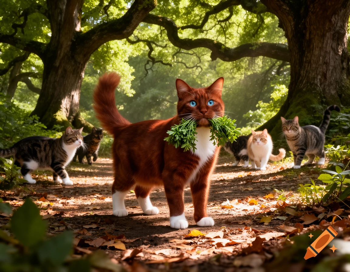 A photorealistic ginger cat with blue eyes holding herbs in its mouth, standing in an oak forest surrounded by other cats.