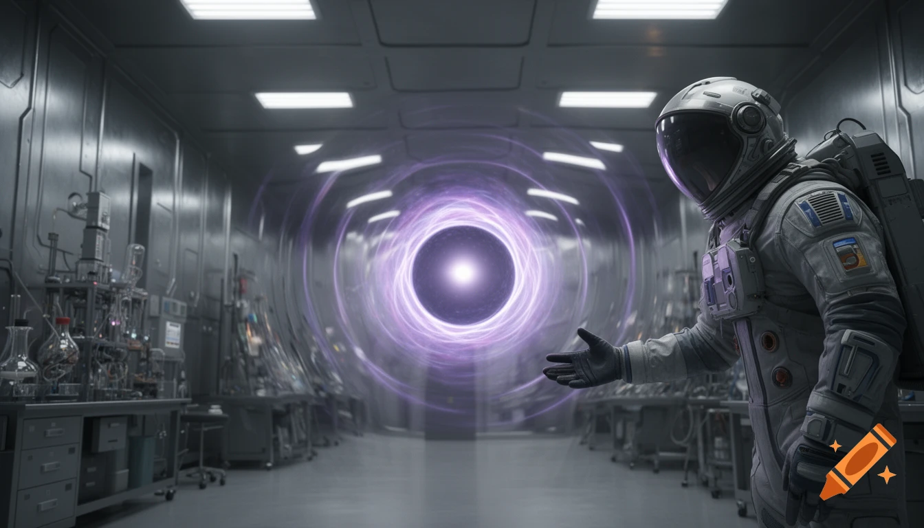 Astronaut in a futuristic hazmat space suit extends a gloved hand toward a glowing purple singularity in a high-tech laboratory, photorealistic.