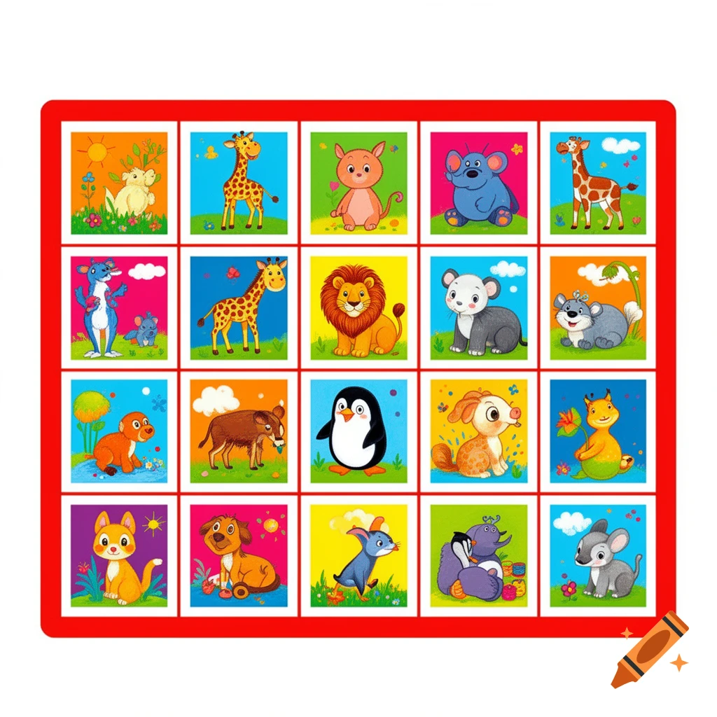 Colorful grid of 16 different cartoon animals on a red-bordered bingo card, featuring a giraffe, lion, penguin, mouse, and more.