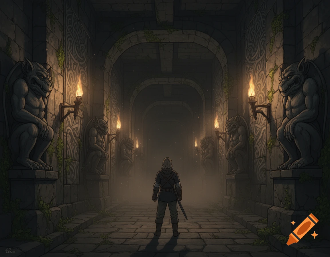 A hooded figure stands in a dark, moss-covered stone dungeon corridor, lit by torches and flanked by menacing gargoyle statues.