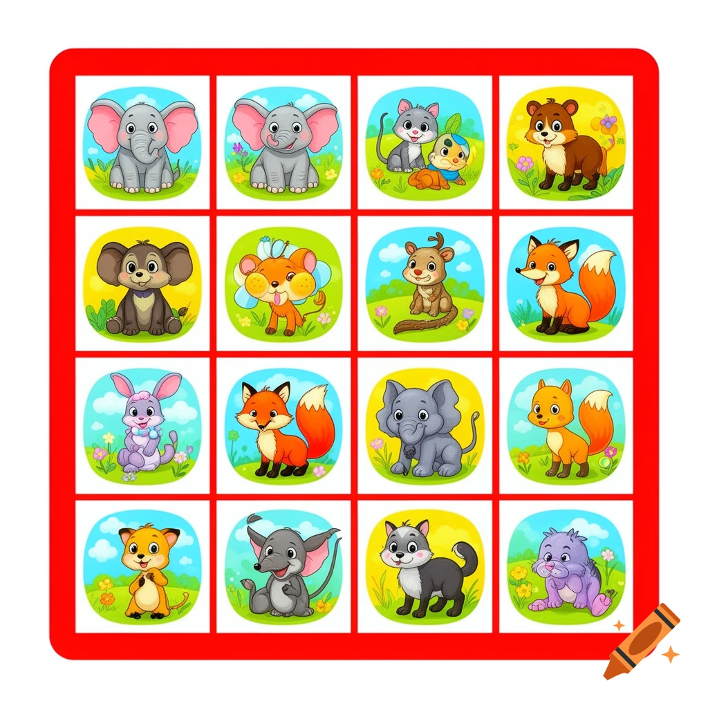 A colorful children's bingo card featuring 16 cartoon animals on a red border.