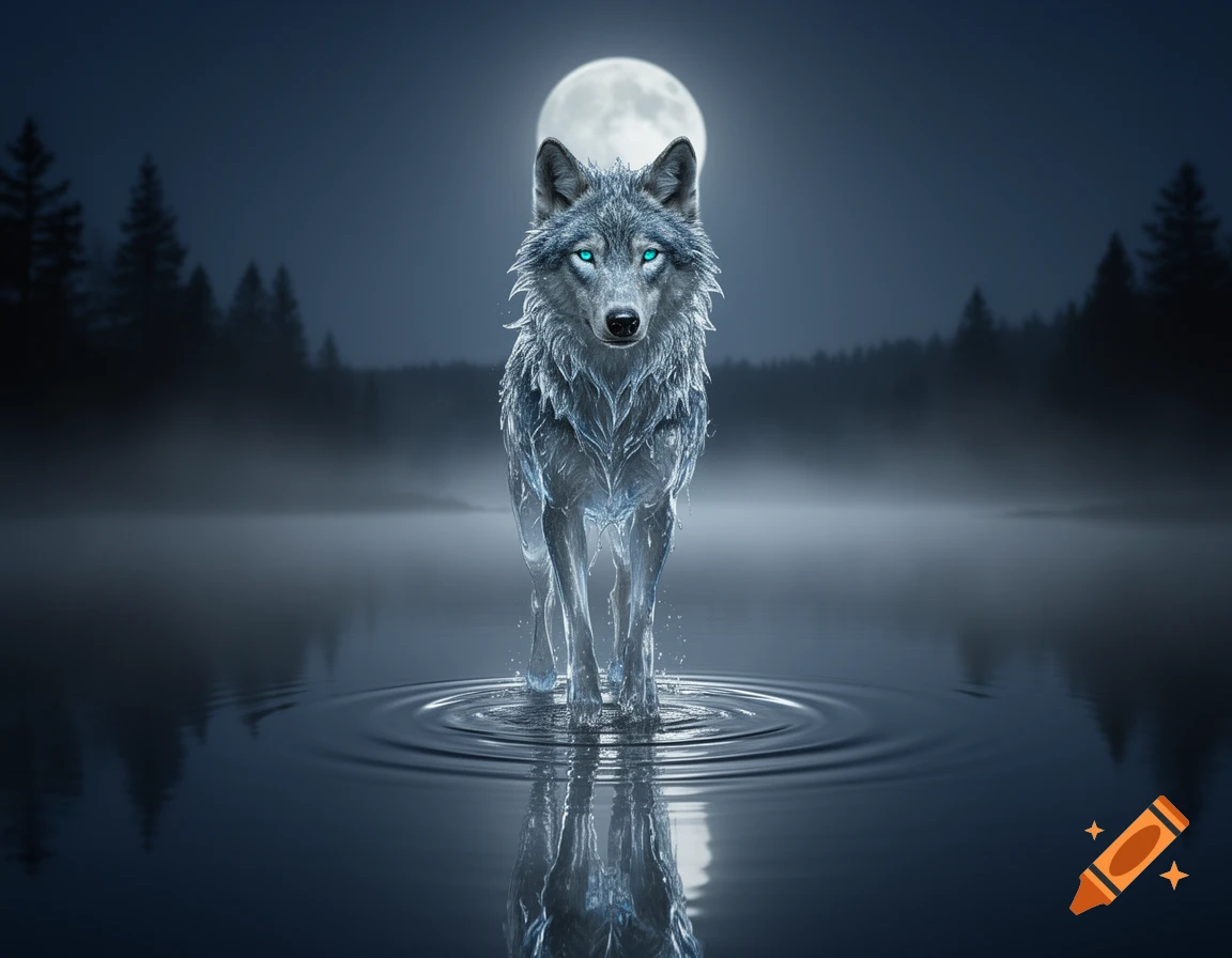 A majestic wolf made of water stands on a dark lake under a full moon at night, with a forest in the misty background.