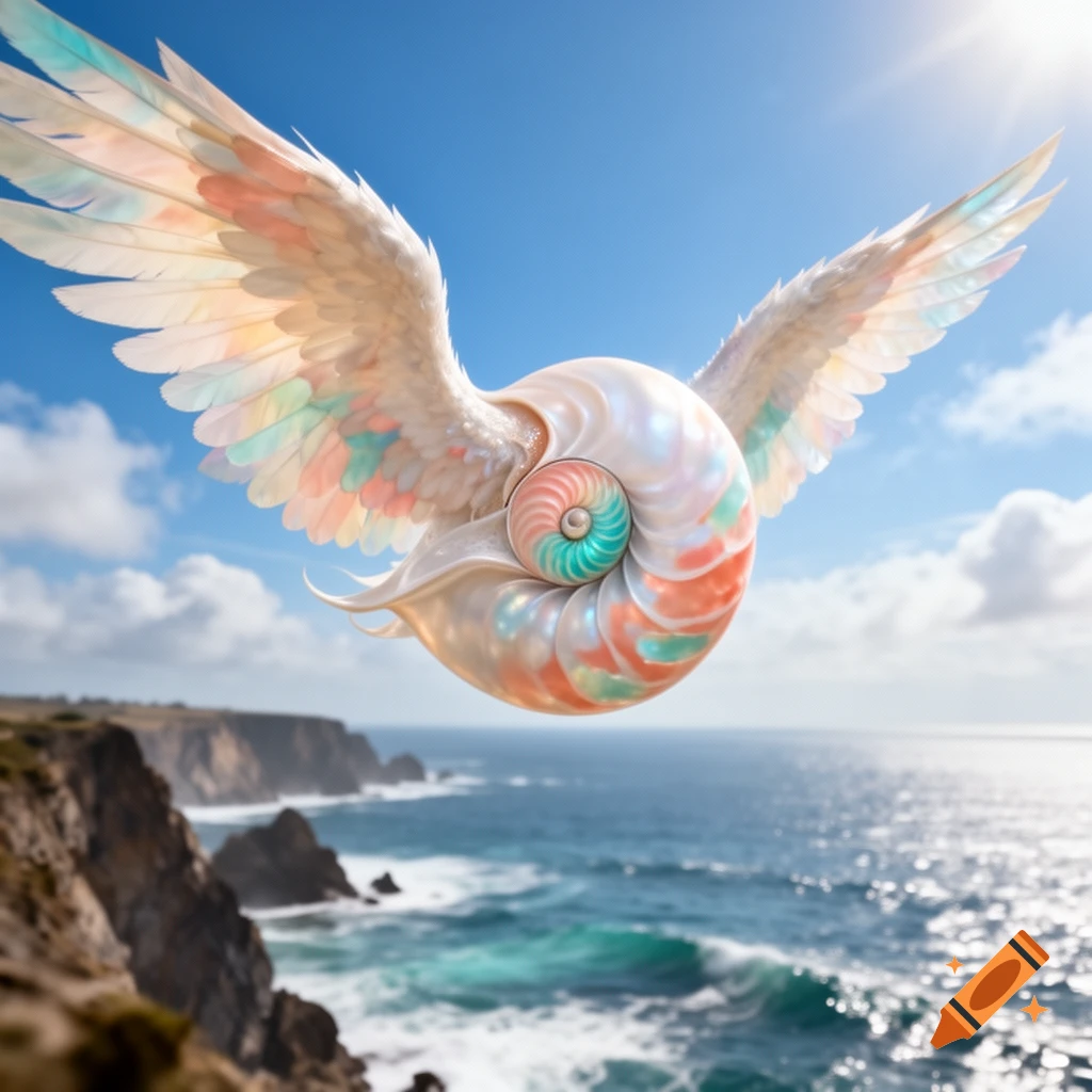 A vibrant, iridescent nautilus with large feathered wings flies over a bright blue ocean with cliffs under a sunny sky.