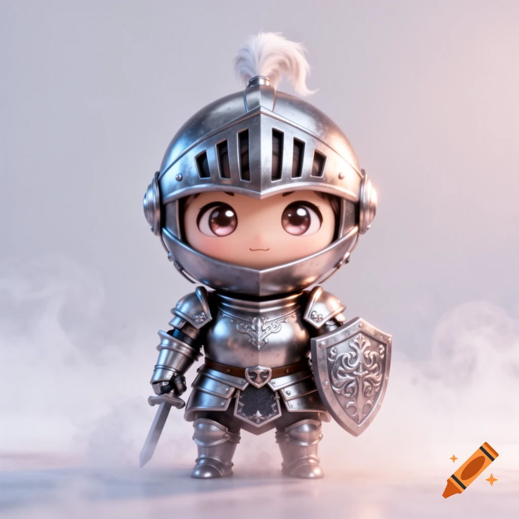 A cute chibi knight in shiny silver armor holds a sword and shield, standing in light mist, in a 3D render style.