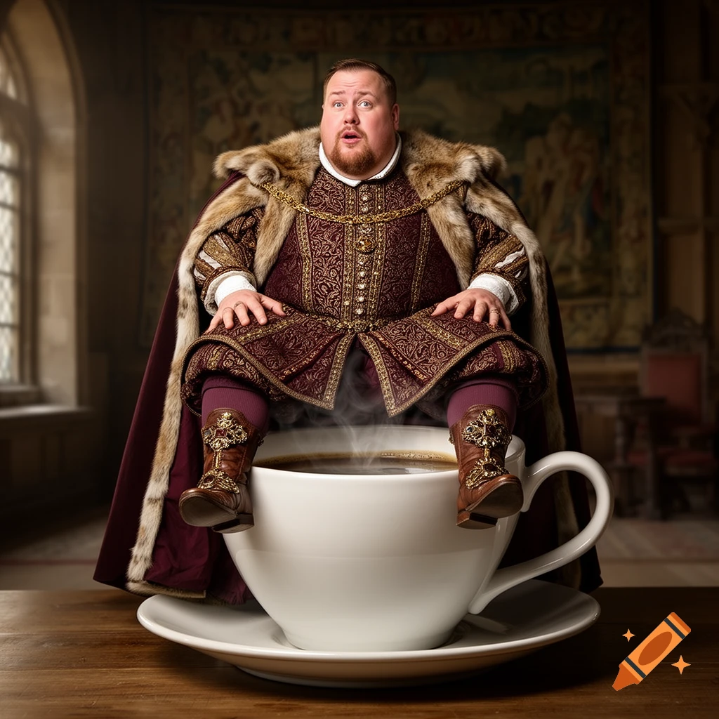 Puzzled man dressed as King Henry VIII sitting on a giant steaming coffee cup in a grand room, photorealistic.