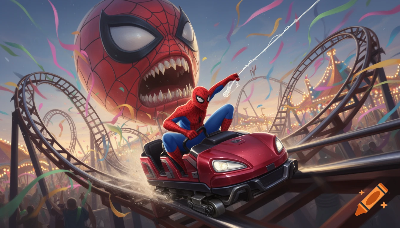 Spider-Man on a red roller coaster cart, shooting web, with a giant fanged Spider-Man head and confetti in an amusement park, digital art.