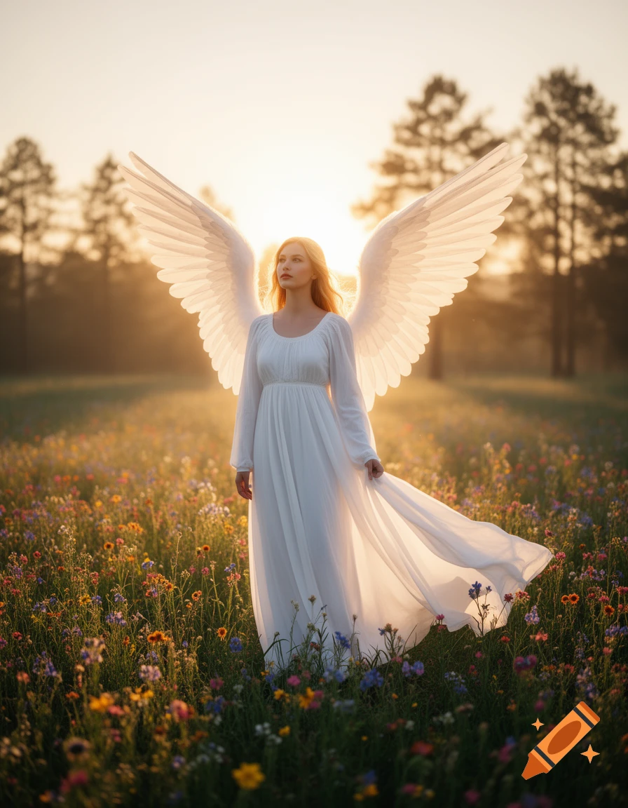 An angelic woman with large white wings stands looking up in a vibrant field of wildflowers during golden hour.