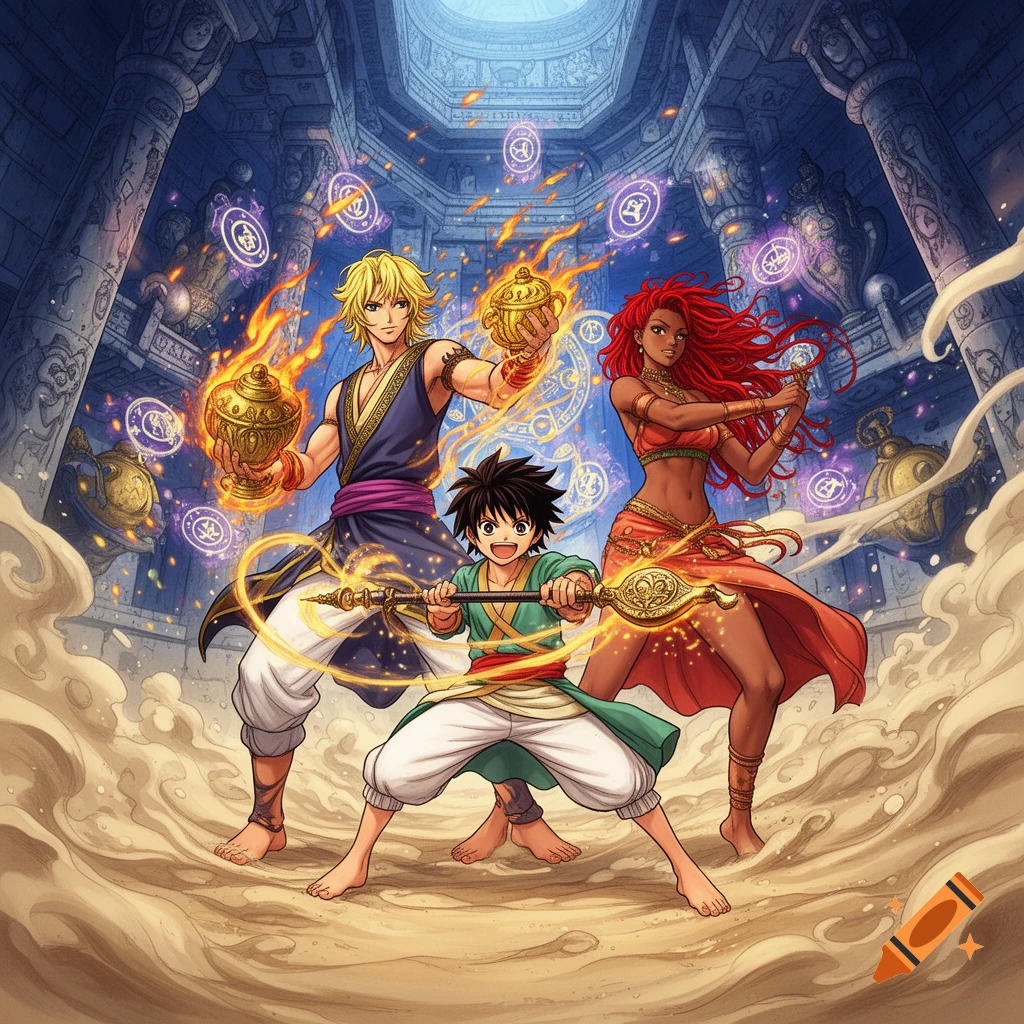 An anime illustration of three characters standing in a magical, ancient temple. A blonde man holds two flaming golden vessels, a young boy holds a staff, and a red-haired woman poses dramatically.