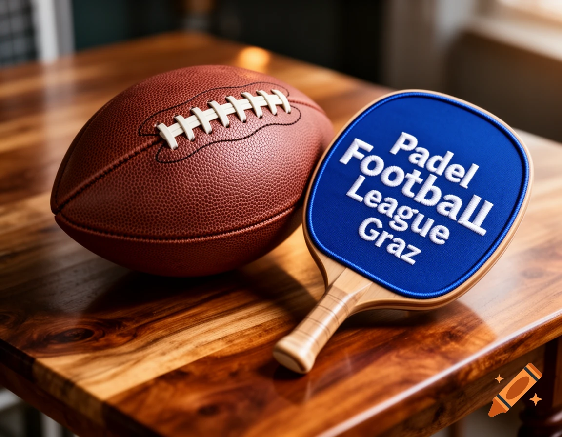 An American football and a blue paddle with 'Padel Football League Graz' text, resting on a polished wooden table.