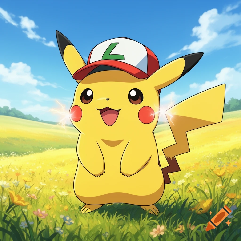 Pikachu, wearing Ash's red and white hat with a green L, stands smiling in a sunny green and yellow field with flowers.