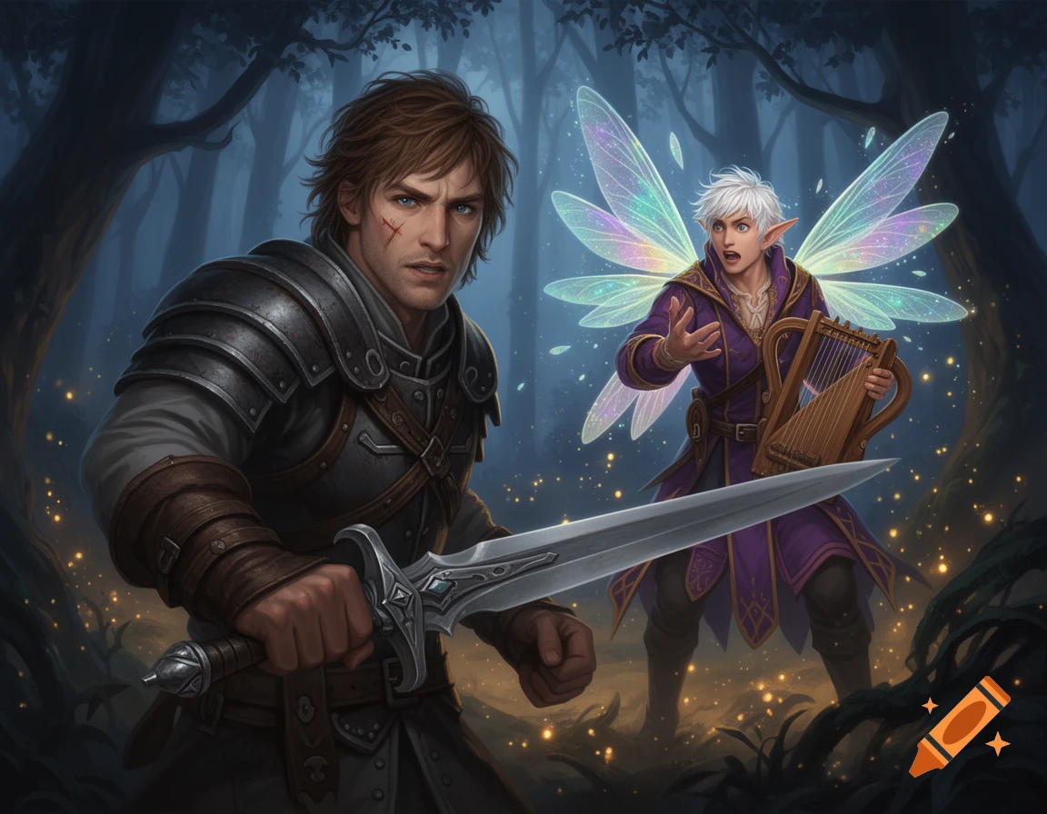 A human warrior with a sword and a winged fairy bard with a lyre stand in a magical, glowing forest, digital art style.