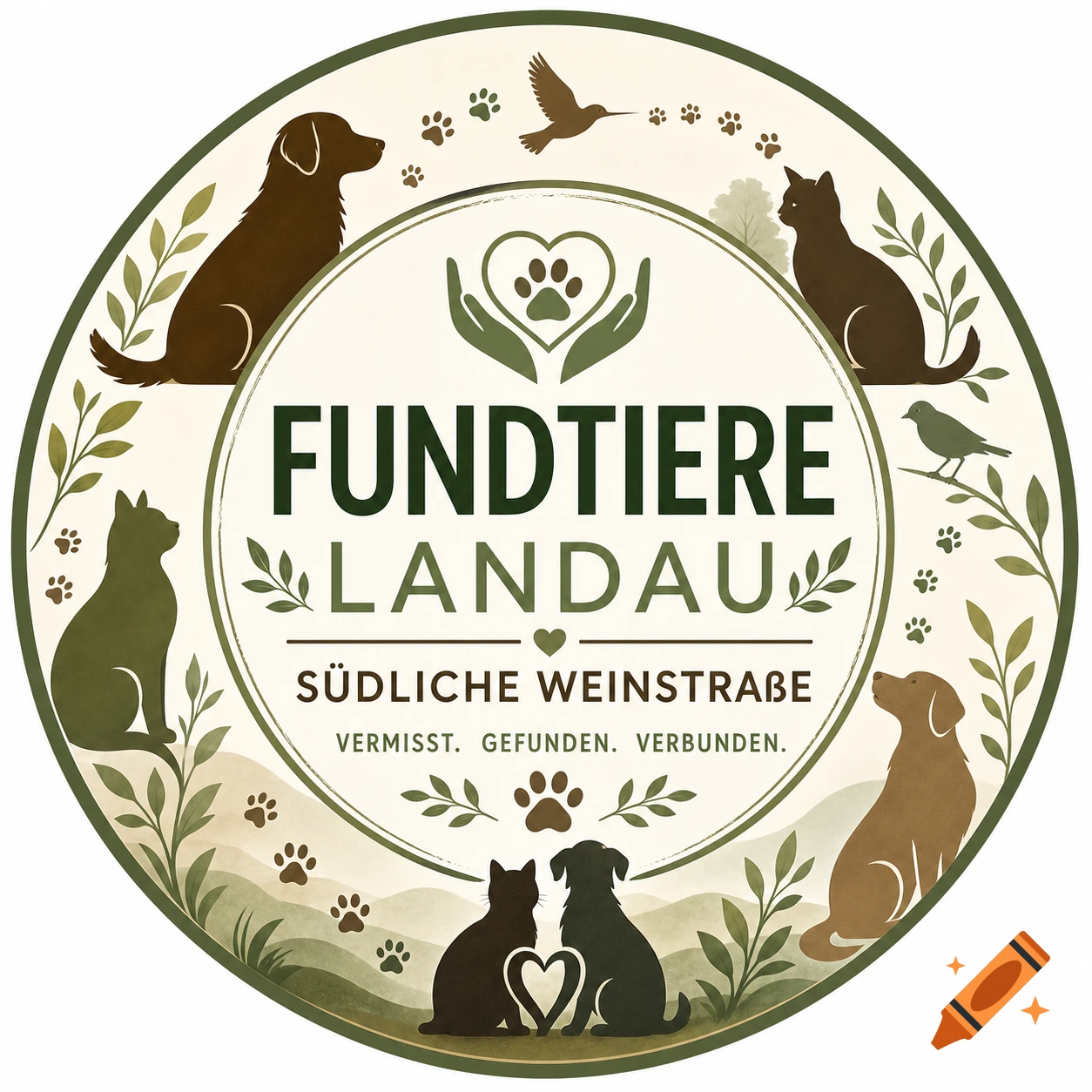 Round logo for 'Fundtiere Landau' with silhouettes of dogs, cats, birds, paw prints, and green leaves in a natural color palette.
