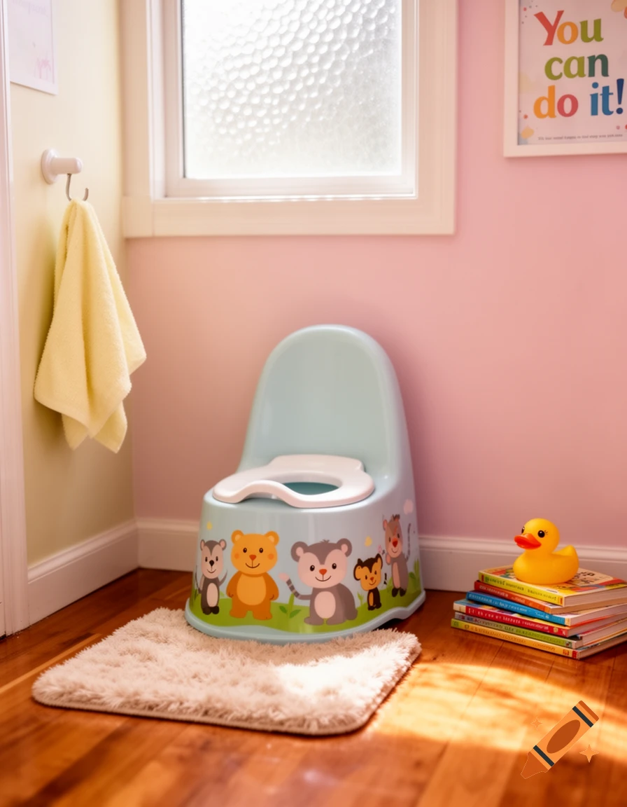 A light blue potty with animal decals sits on a fluffy rug in a child's room, beside a stack of books with a rubber duck.