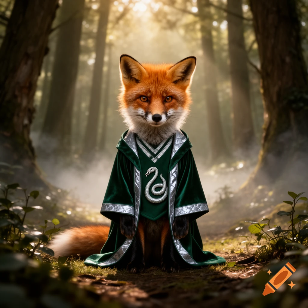A photorealistic fox wearing a dark green robe with silver trim and a silver snake emblem, standing in a misty forest.