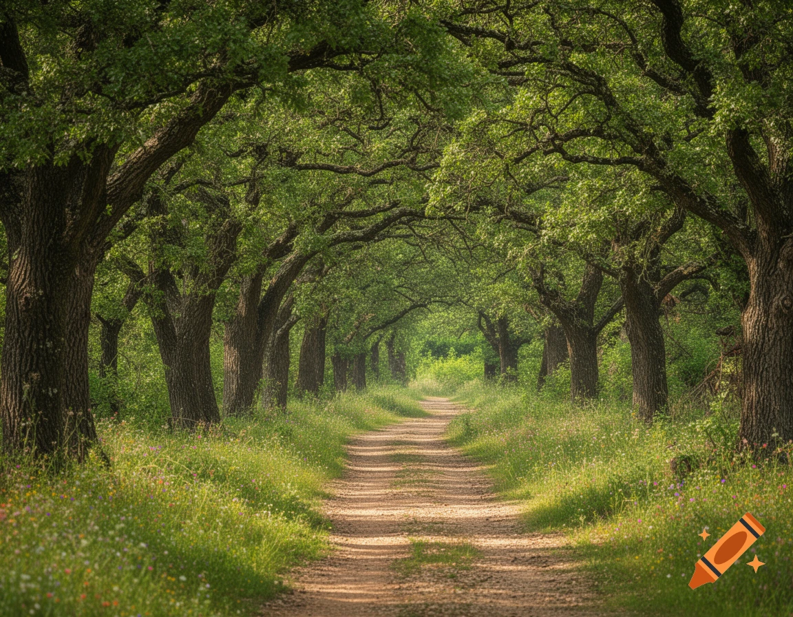 A narrow dirt path winding through a dense, lush green forest with trees forming a natural archway overhead.
