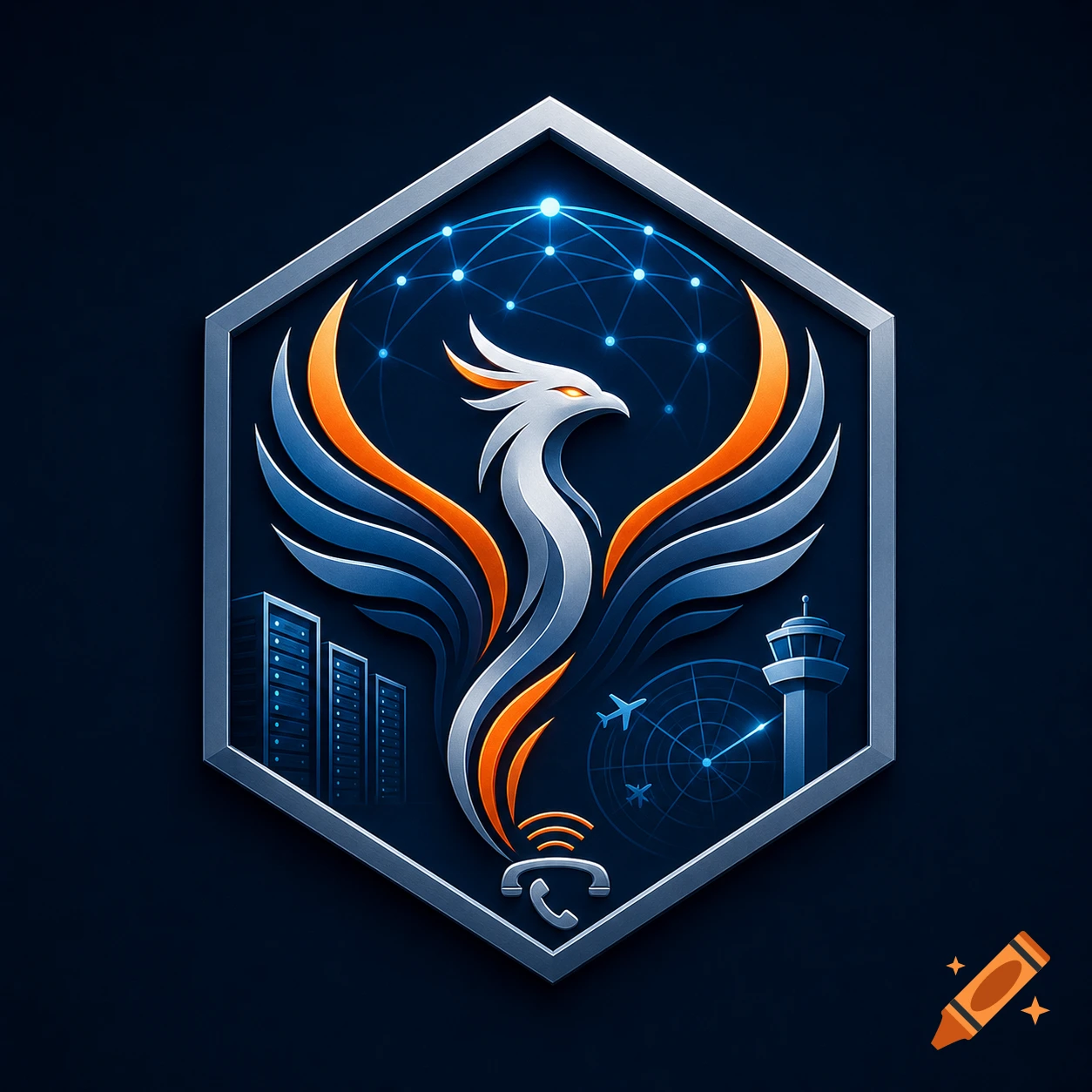 Stylized hexagonal logo with a white and orange phoenix, network servers, an air traffic control tower, and data lines.