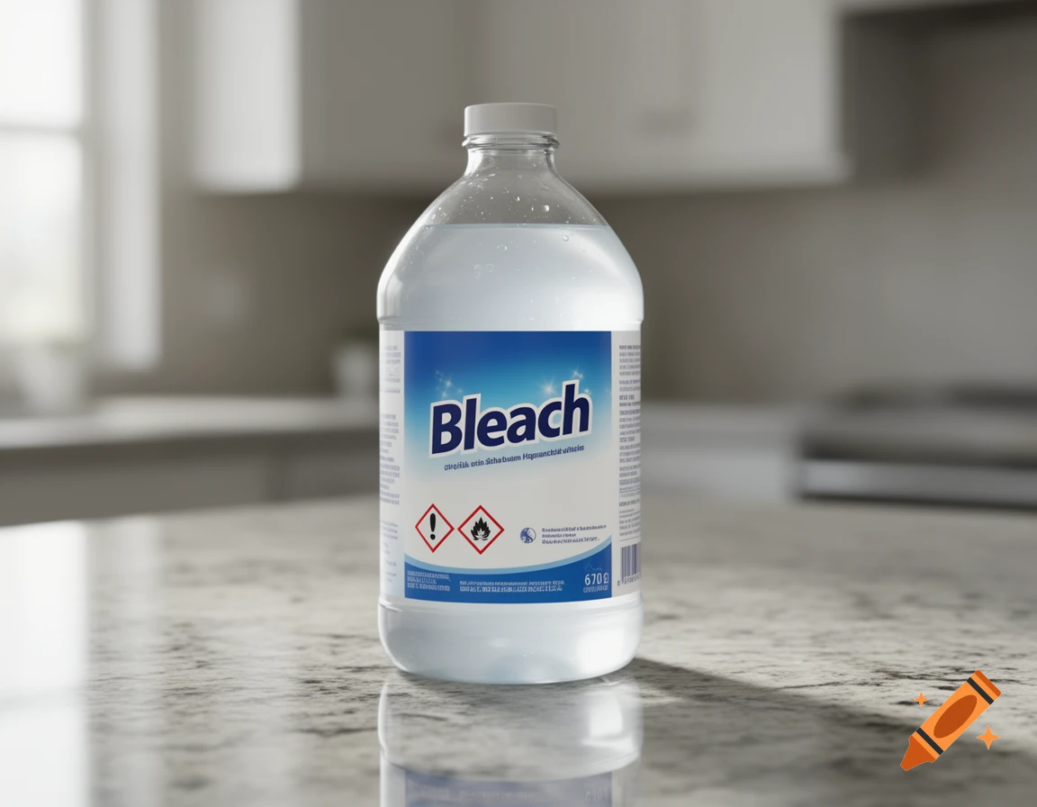A photorealistic image of a clear plastic bottle of bleach with a white cap, labeled "Bleach", sitting on a speckled kitchen counter.