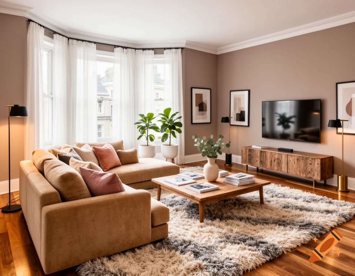 A bright, modern living room with a large tan L-shaped couch, wooden coffee table, shaggy rug, a TV, and potted plants.