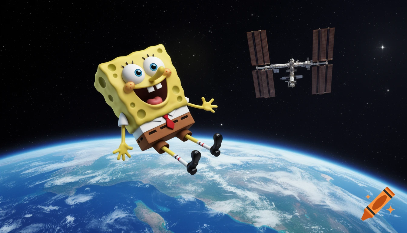 Spongebob Squarepants floats joyfully in outer space above Earth, with the International Space Station visible in the distance.