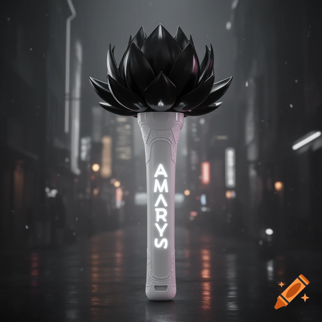 A white K-Pop light stick with a black lotus top and glowing 'AMARYS' text, against a blurred urban street background, 3D render.