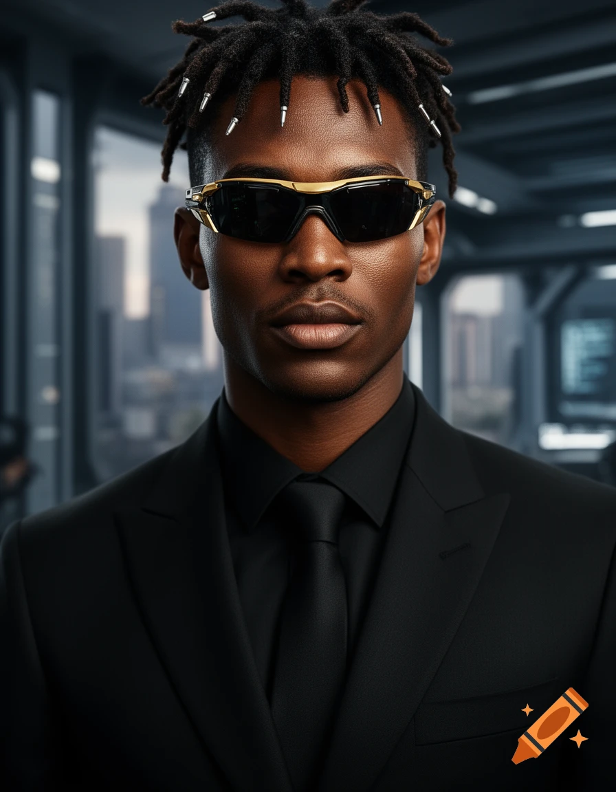 A photorealistic portrait of a man with deep brown skin, dreadlocks with silver tips, wearing futuristic black and gold sunglasses and a black suit, against a blurred modern background.