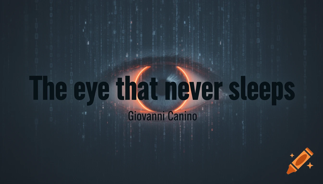 Stylized glowing orange eye centered on a dark digital matrix background with falling binary code, text reads 'The eye that never sleeps' and 'Giovanni Canino'.