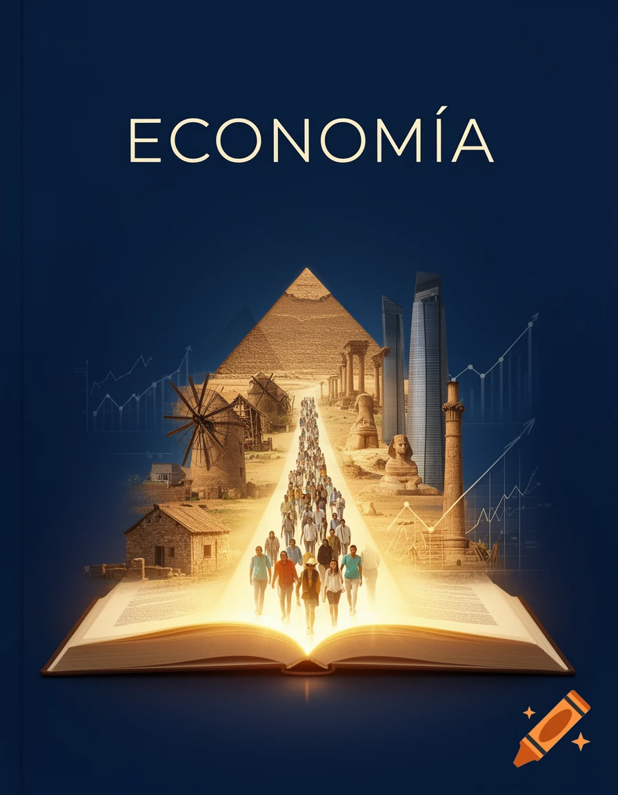 Conceptual book cover for economics showing an open book with people walking on a glowing path through historical and modern landmarks, titled 'ECONOMÍA'.