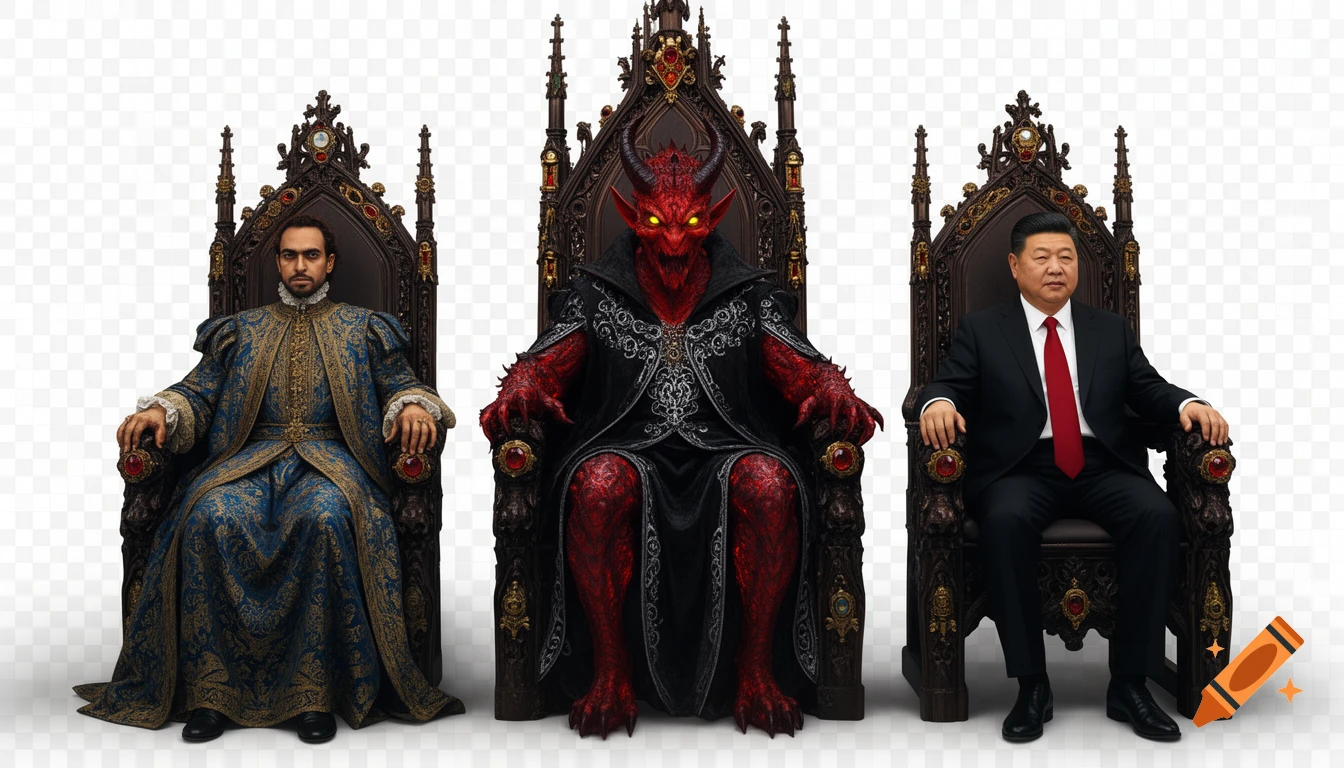 Satan, a man in historical attire, and Chinese President Xi Jinping on ornate gothic thrones, transparent background.