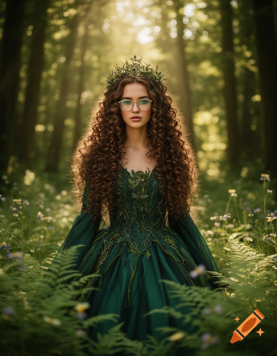 A woman with long curly brown hair and glasses, wearing a green, vine-like dress, stands in a sunlit forest.