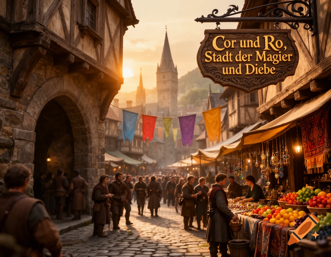 A bustling medieval market street at sunset, with a sign reading "Cor und Ro, Stadt der Magier und Diebe" hanging above stalls laden with goods and fruits, and a tall steeple in the background.