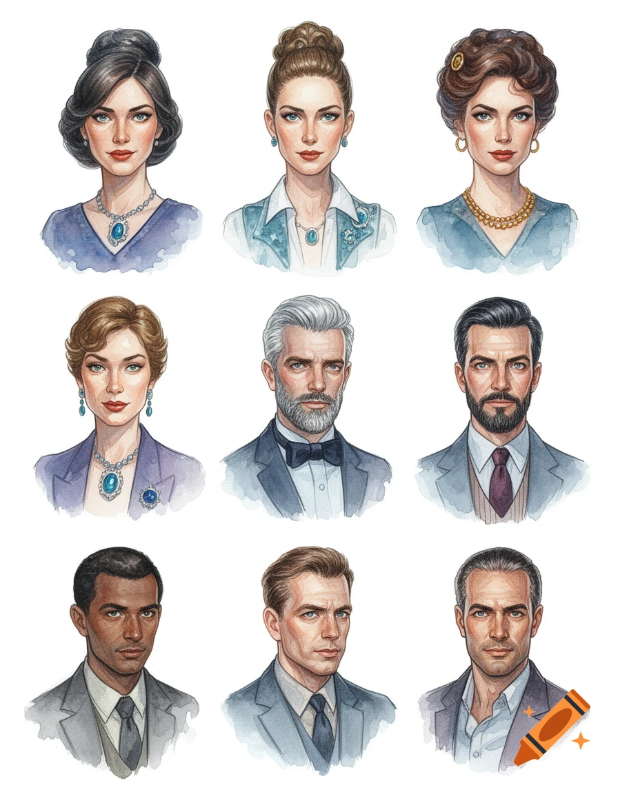Nine watercolor portraits of diverse men and women in a 3x3 grid, featuring formal attire.