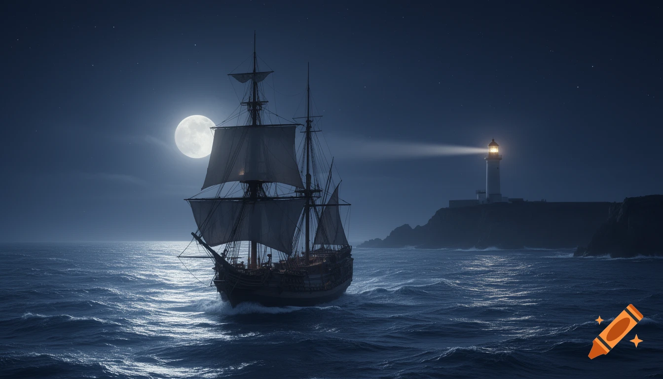An old frigate sails on a dark, moonlit sea, with a bright lighthouse beaming from a distant cliff. The scene is photorealistic and serene.