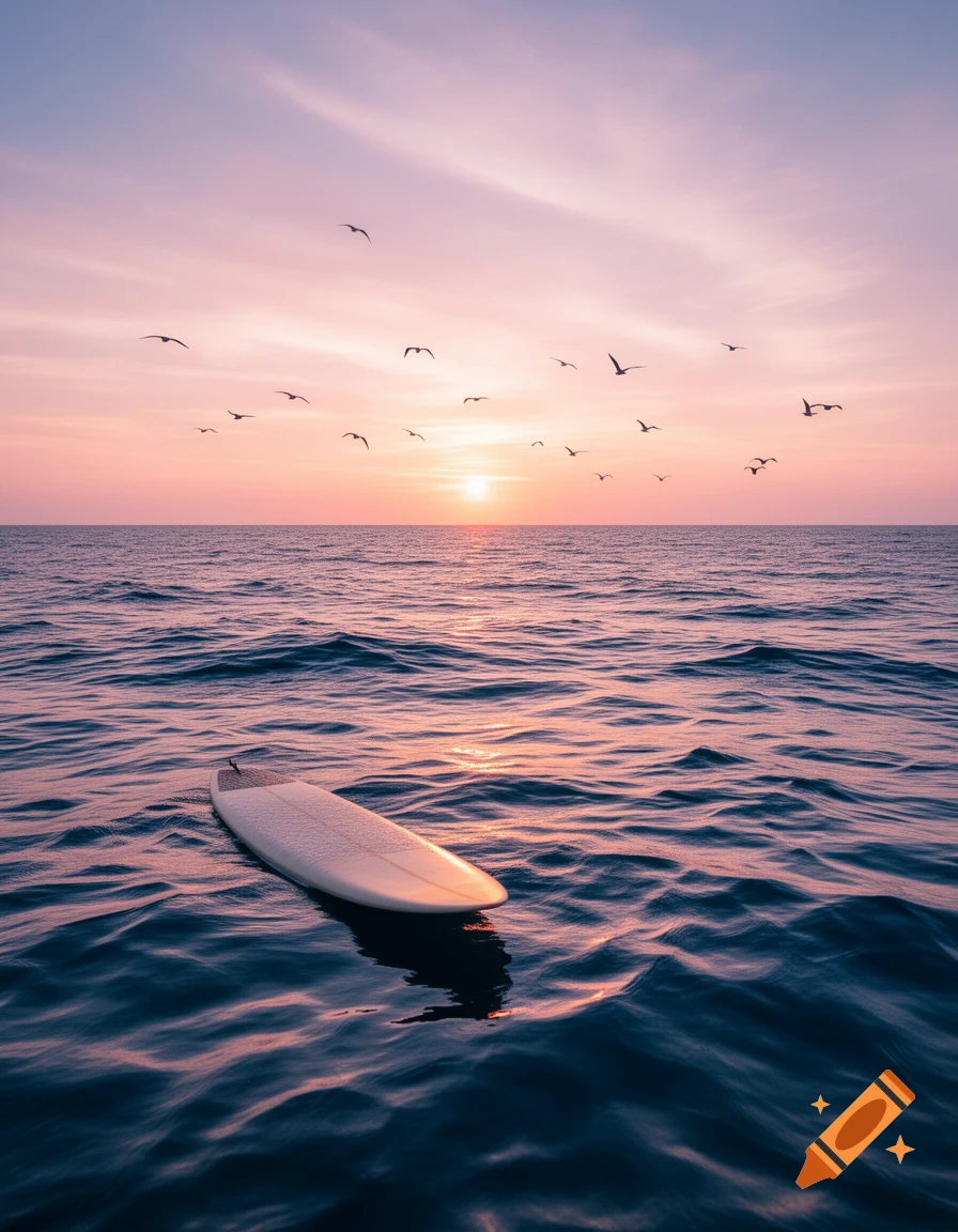 A lone surfboard floats on the calm ocean at sunset, with numerous birds flying in the pink and purple sky.