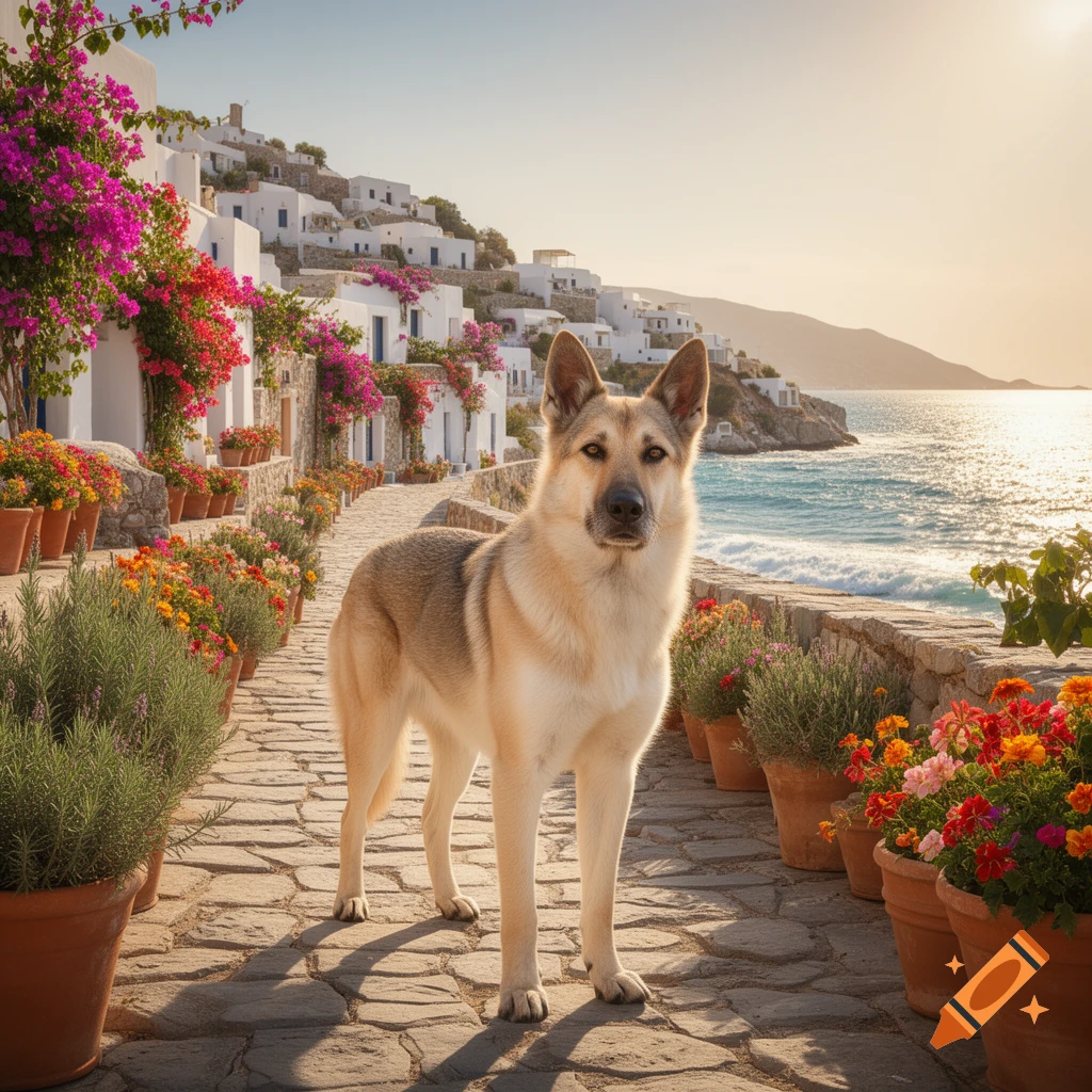 A photorealistic image of a dog standing on a cobblestone path lined with colorful potted flowers in a white-washed Greek village overlooking the sea.