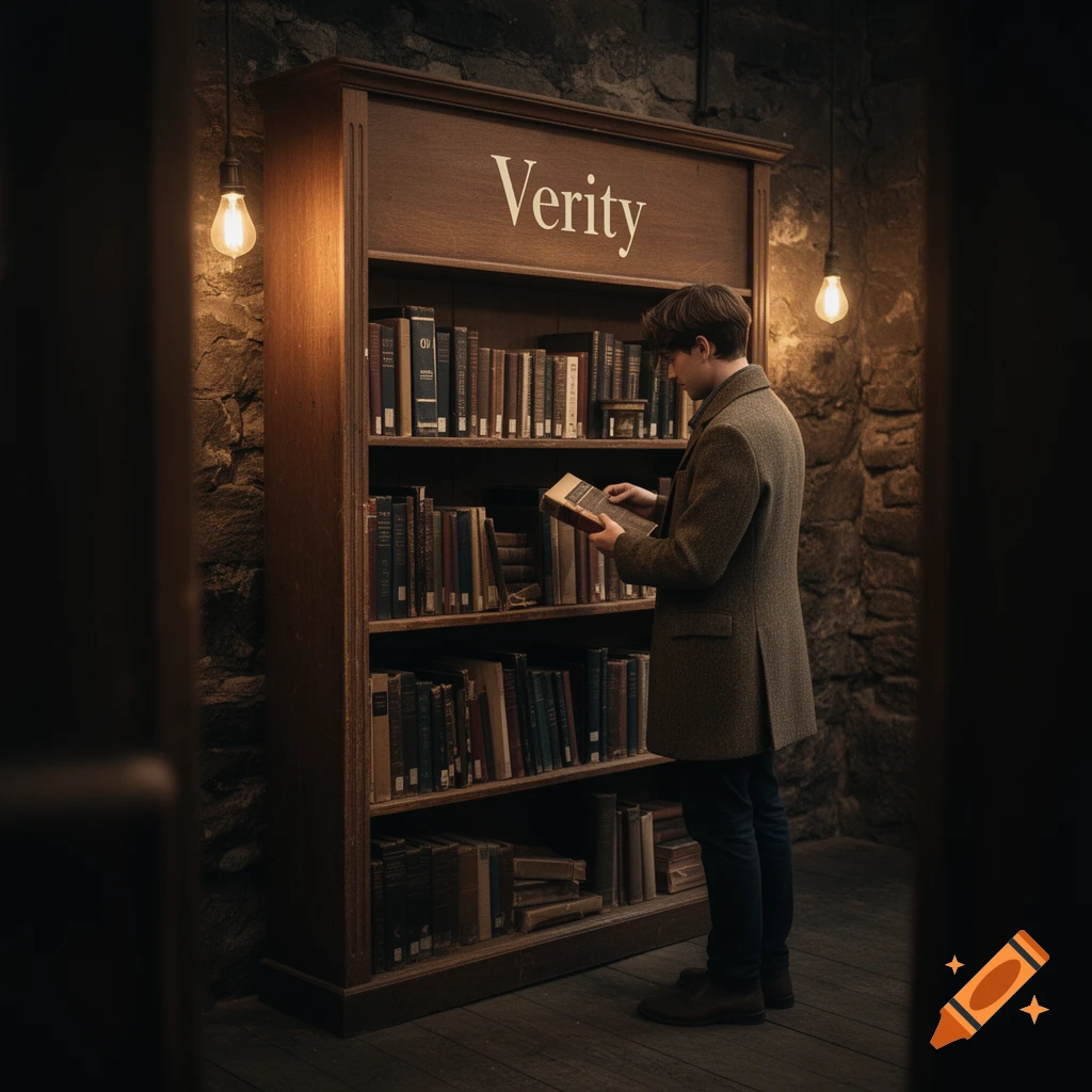 A person in a coat reads a book from a tall wooden bookshelf labeled 'Verity' in a dimly lit library.