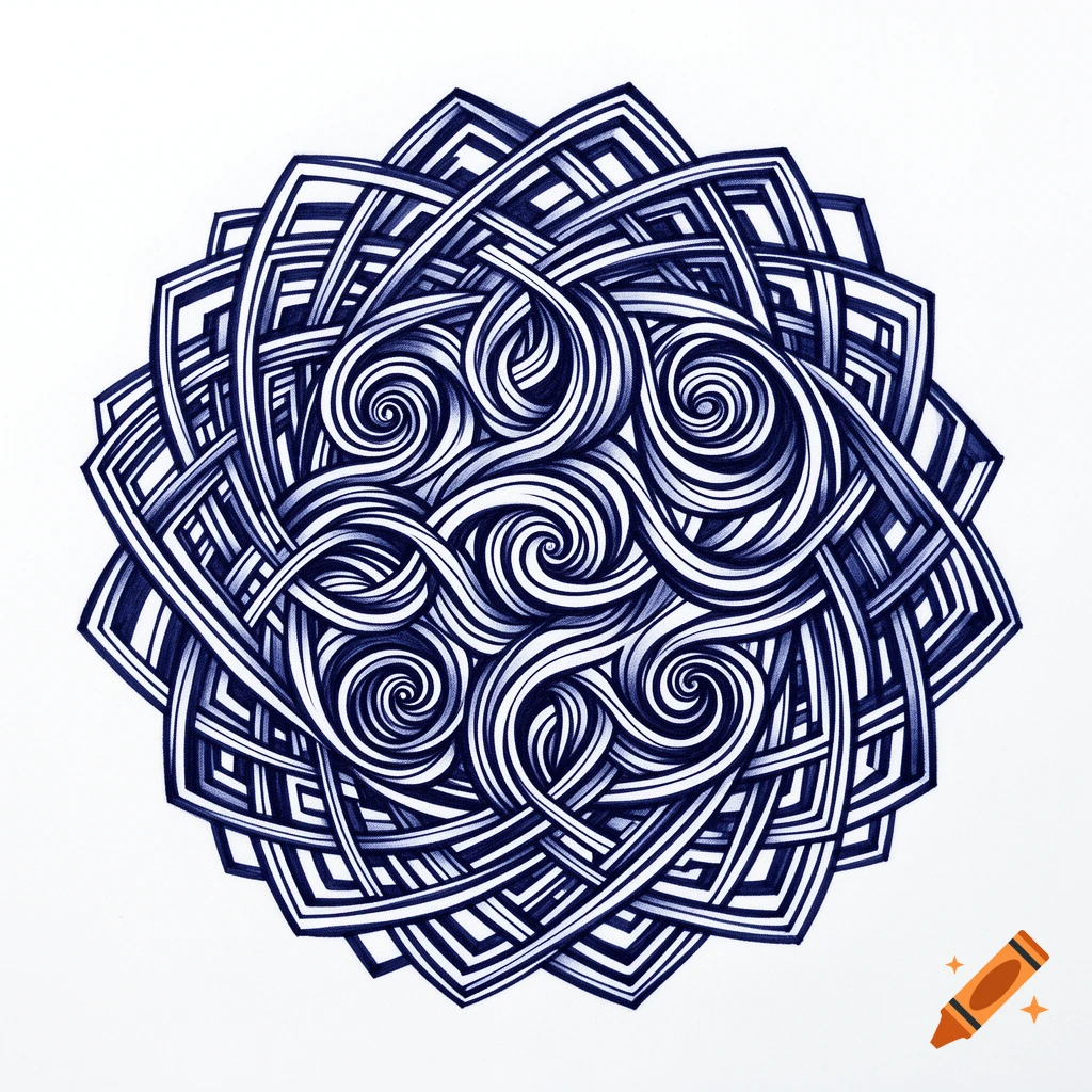 Intricate navy blue Zentangle pattern with interwoven lines and swirls on a white background.