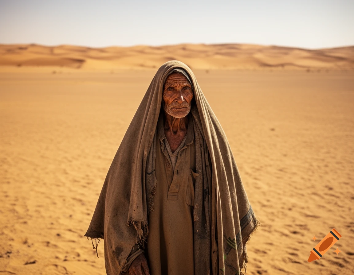 A close-up, photorealistic portrait of an old person with a weathered face, wrapped in a simple cloth, standing in a vast, sunny desert.