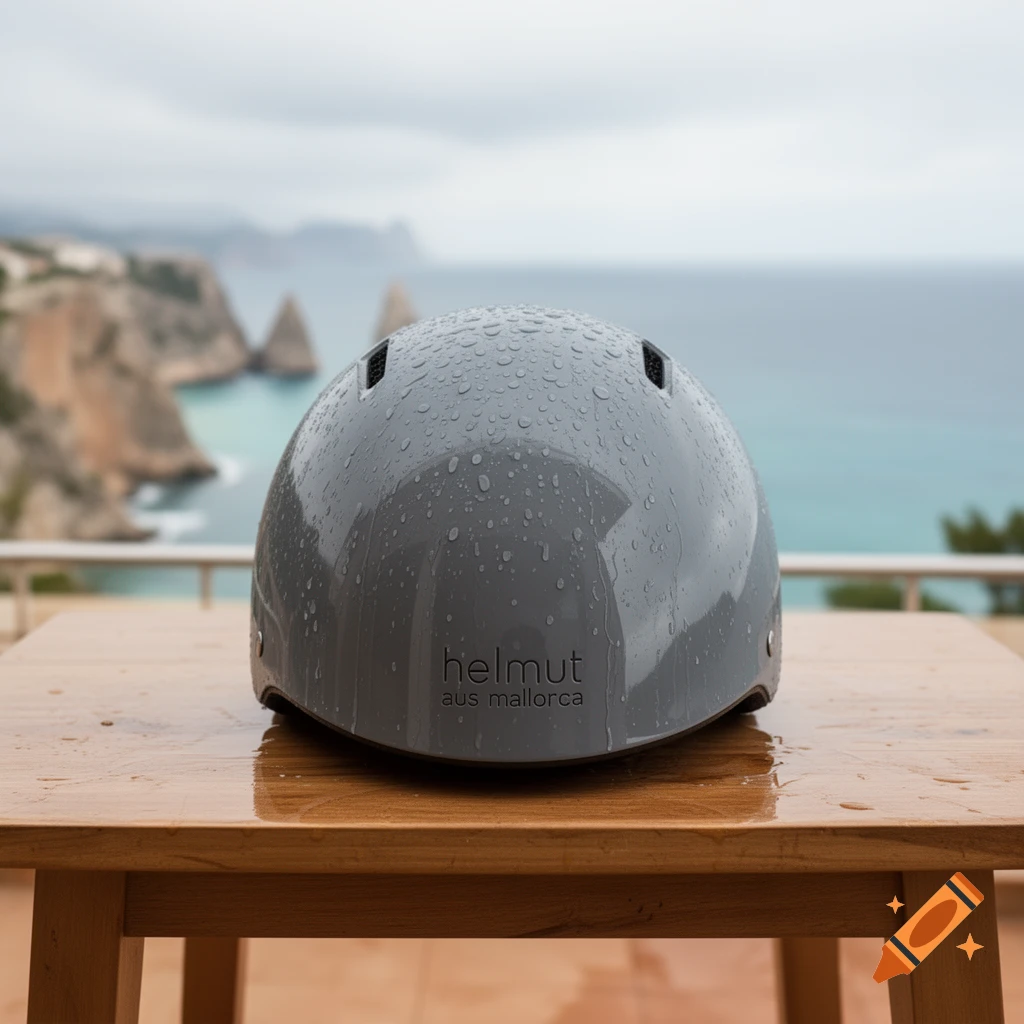 A grey helmet with water droplets sits on a wooden table, overlooking a scenic ocean and rocky coastline.