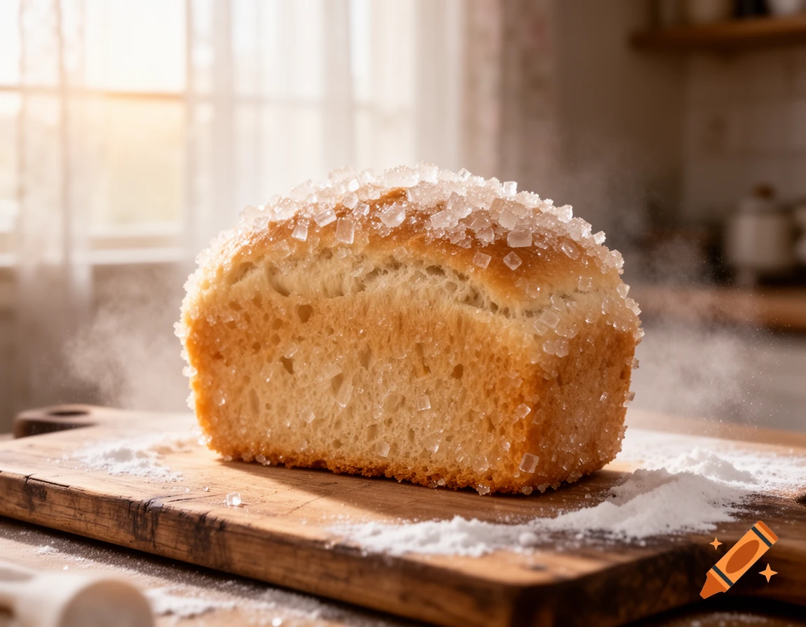 A loaf of bread covered in granulated sugar on a wooden cutting board with scattered flour in a sunlit kitchen.