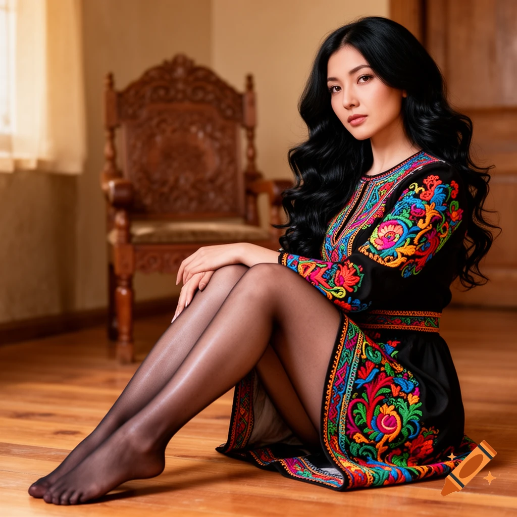 A young woman with long dark hair, wearing a black dress with colorful embroidery and sheer black tights, sits on a wooden floor.