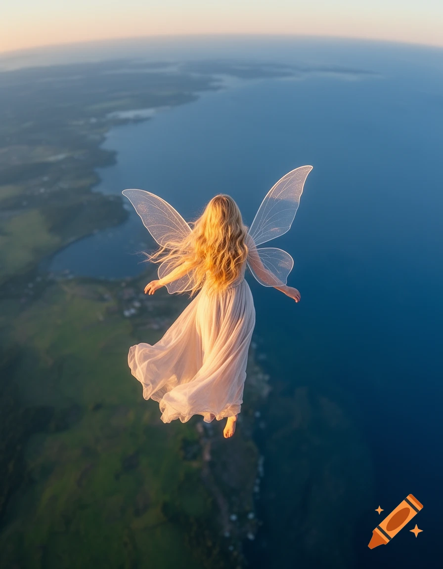 A blonde person with translucent fairy wings flies high above a sunlit land and seascape, wearing a flowing white dress.