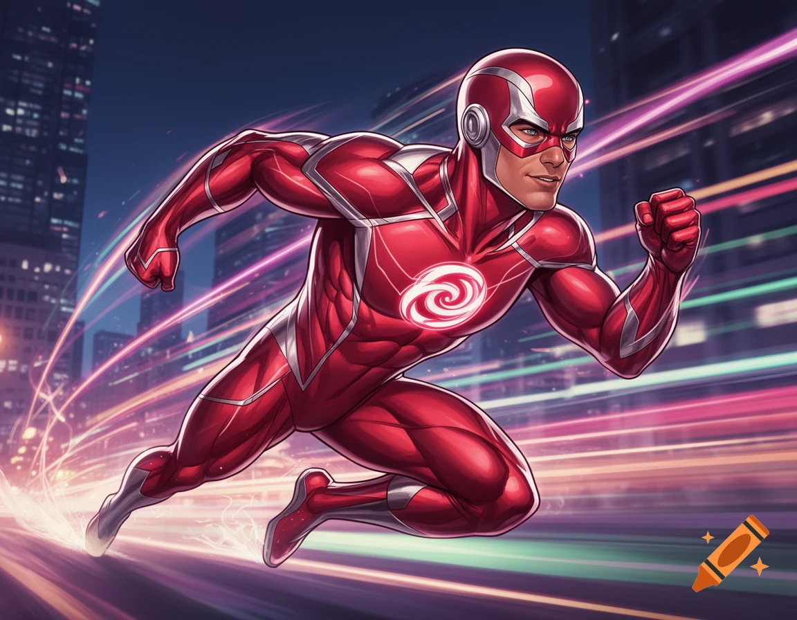 A male superhero in a red suit and helmet mask runs at super speed through a city at night, leaving light trails in a comic book art style.