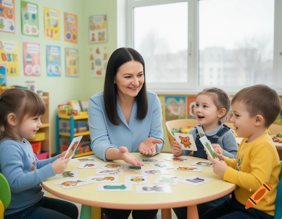 A smiling female teacher and three happy children sit around a table with picture cards in a brightly lit classroom.