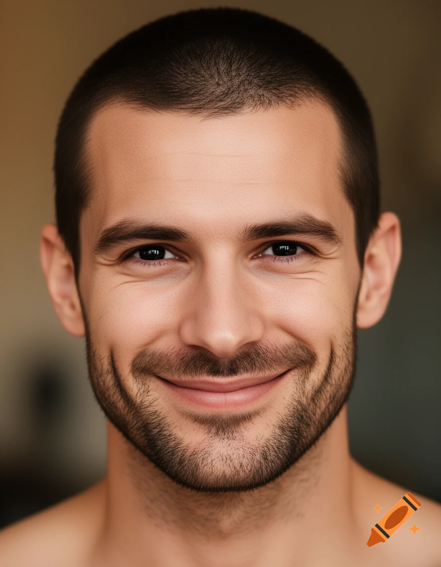 Close-up photorealistic portrait of a smiling Caucasian man with dark buzz cut hair and a beard.