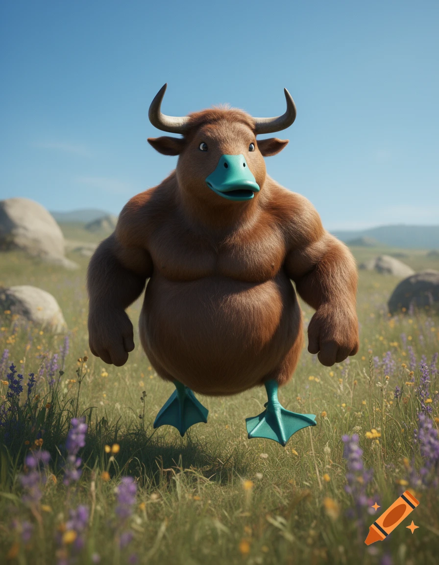 A muscular, furry brown creature with bull horns, a teal duck bill, and webbed feet stands in a sunny meadow.